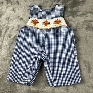 Anavini Hand Smocked Romper Baby 3 Months Blue Gingham Check Embroidered Turkeys